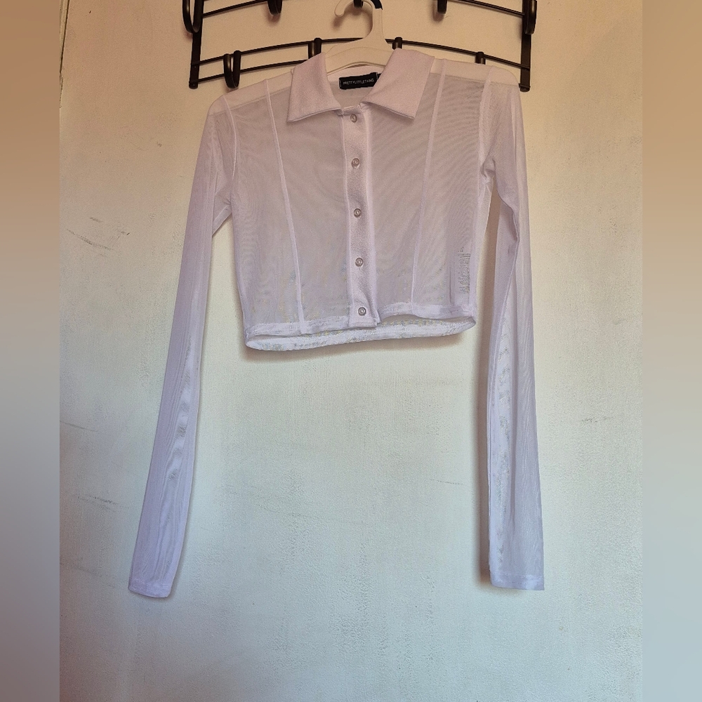 PrettyLittleThing White Sheer Button-Down Crop Shirt